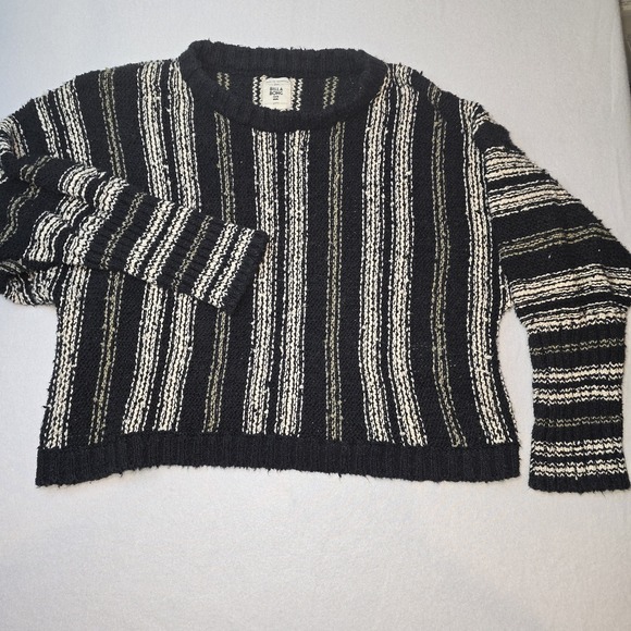 Billabong Easy Going Striped Cropped Sweater Black White Nubby Knit Relaxed, L - Picture 2 of 8